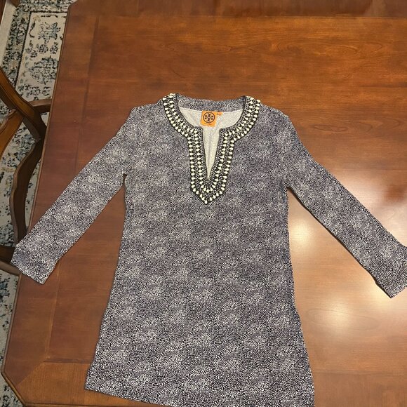 Tory Burch Blue & White Silk Beaded Print Blouse Tunic Top S - Picture 3 of 8